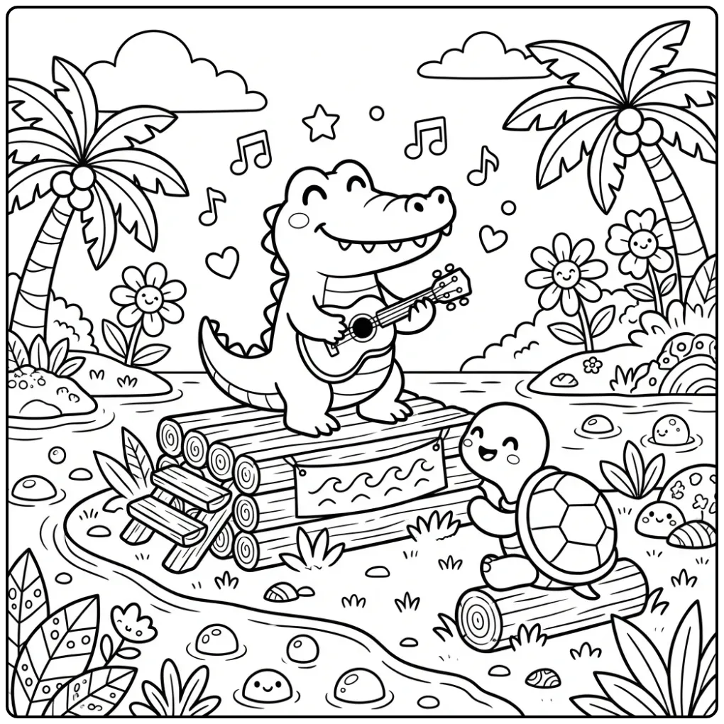 Een vrolijke kleurplaat krokodil speelt ukulele voor een schildpad.