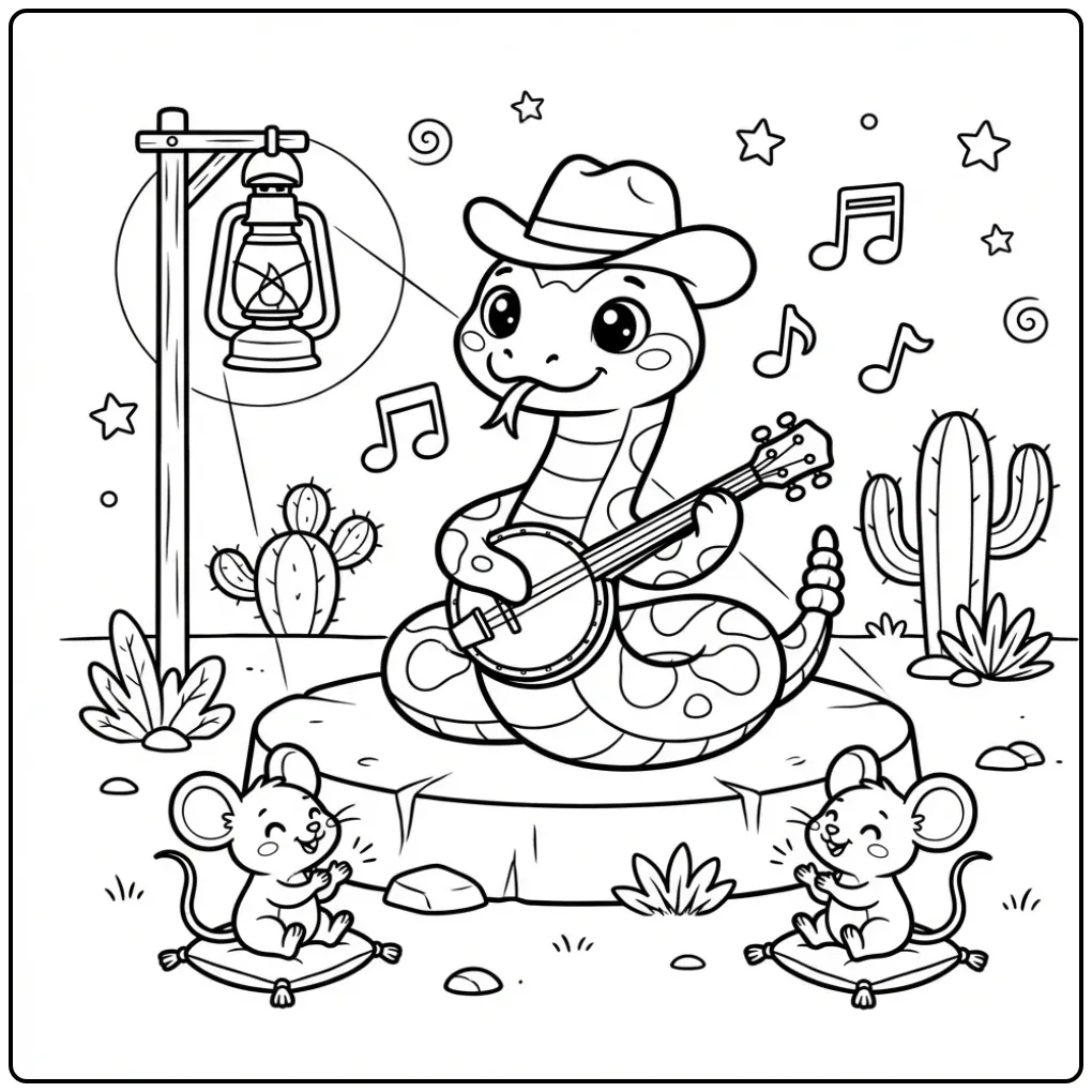 Een vrolijke kleurplaat ratelslang speelt banjo in de woestijn.