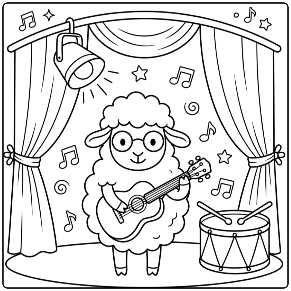Een vrolijke kleurplaat schaap die gitaar speelt op podium.