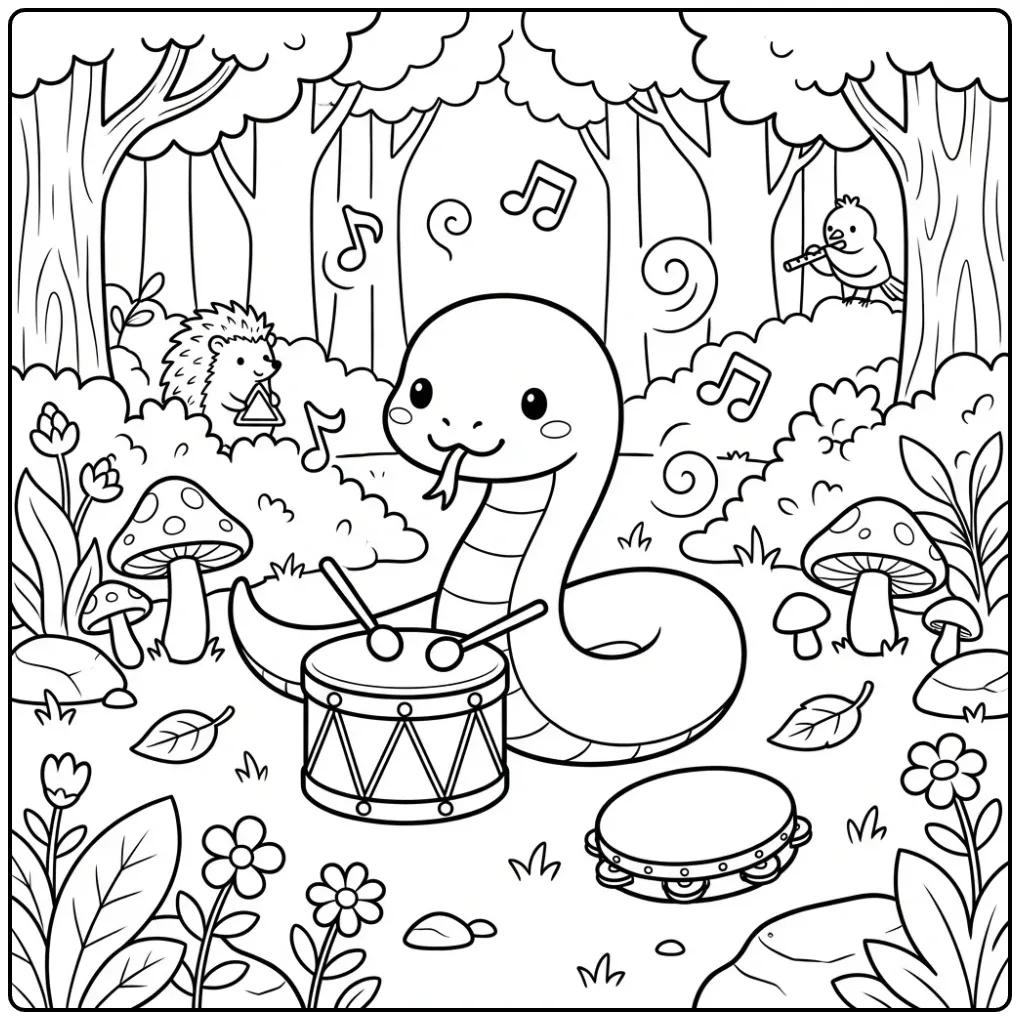 Vrolijke kleurplaat slang speelt trommel in het bos.