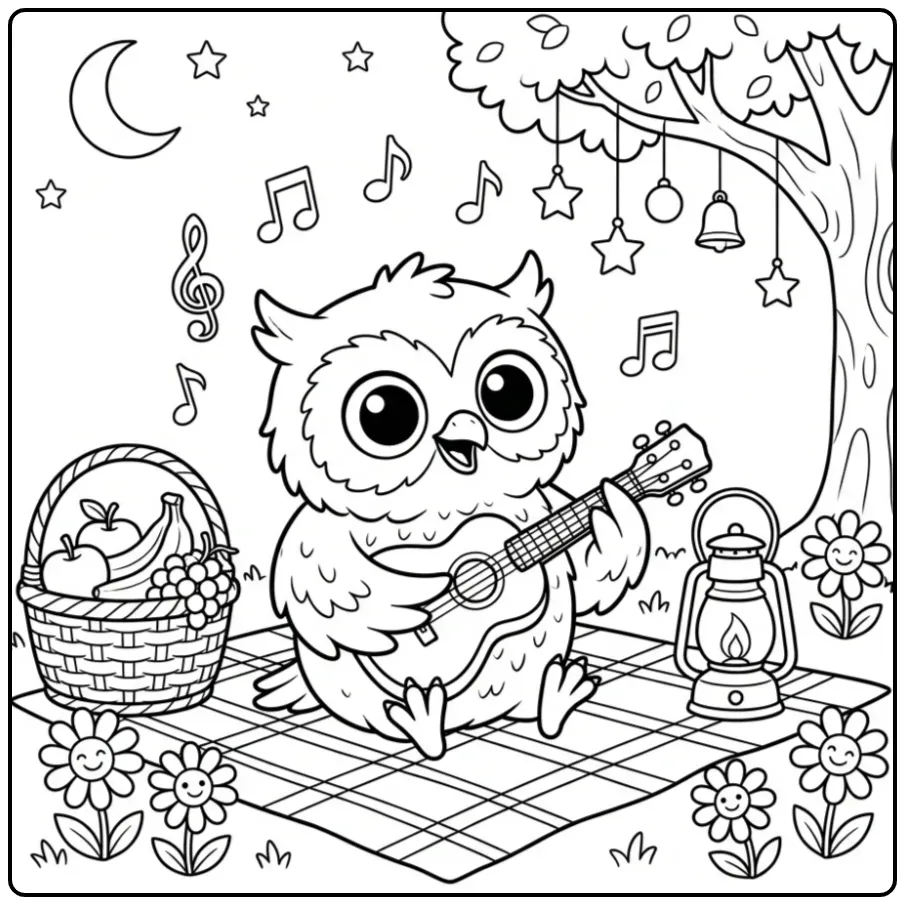 Vrolijke kleurplaat uil die ukelele speelt tijdens een picknick.