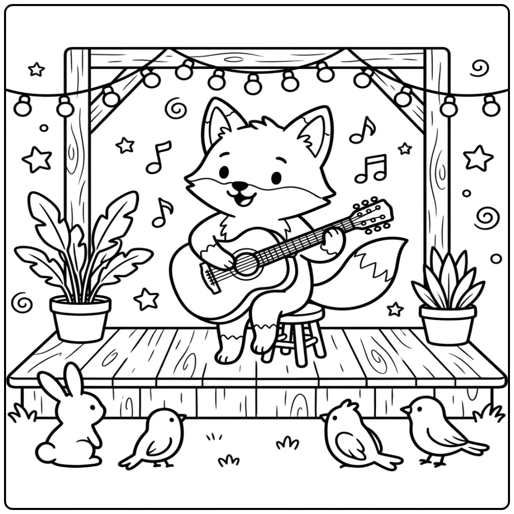 Een vrolijke kleurplaat vos die gitaar speelt op een podium.