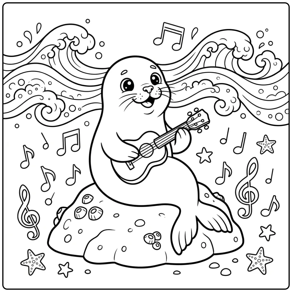 Schattige zeehond kleurplaat met ukelele en muzieknoten.