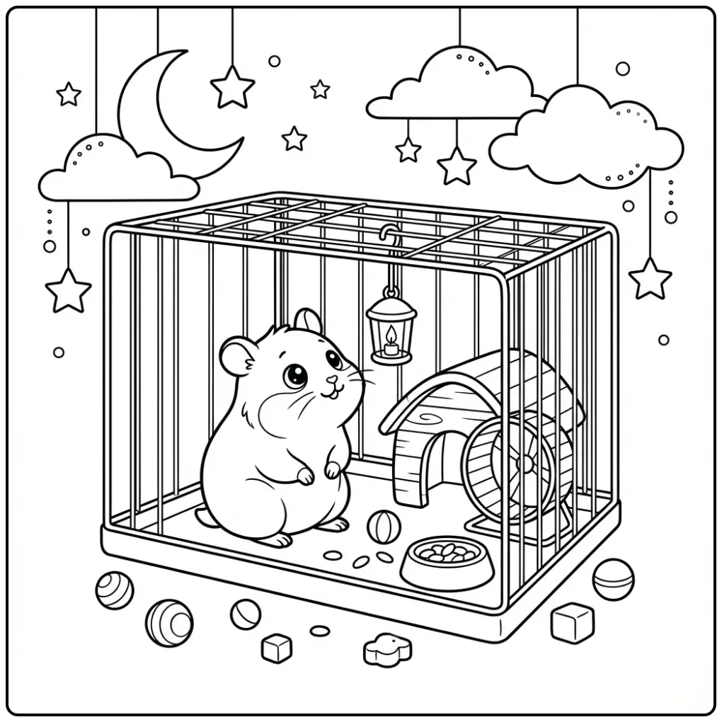 Schattige kleurplaat hamster in kooi kijkt naar een lantaarn.