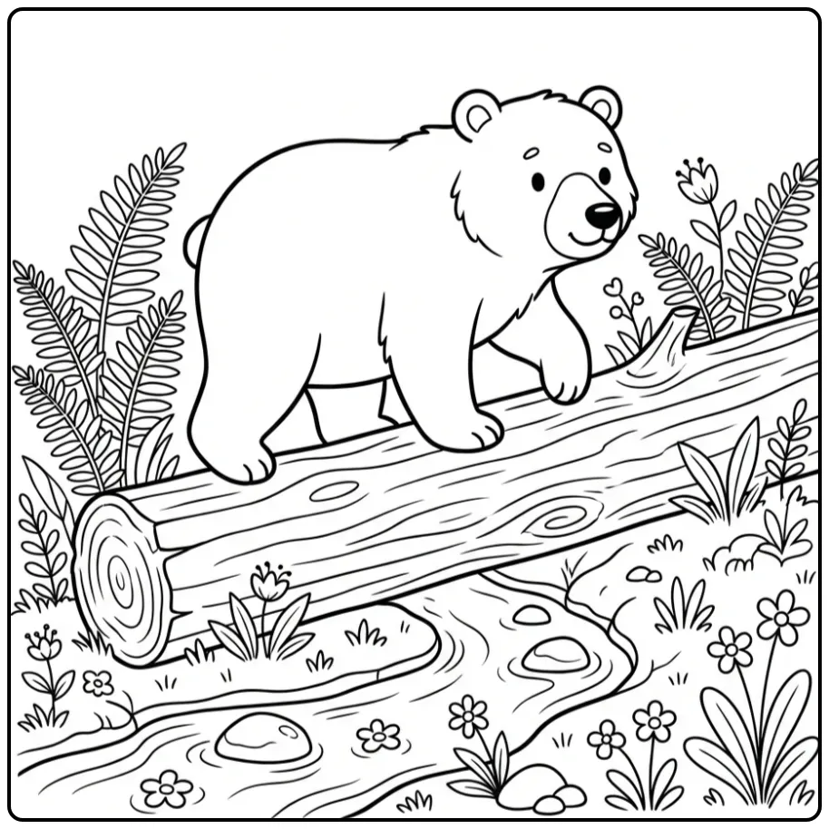 Kleurplaat beer die over een boomstam stapt in het bos.