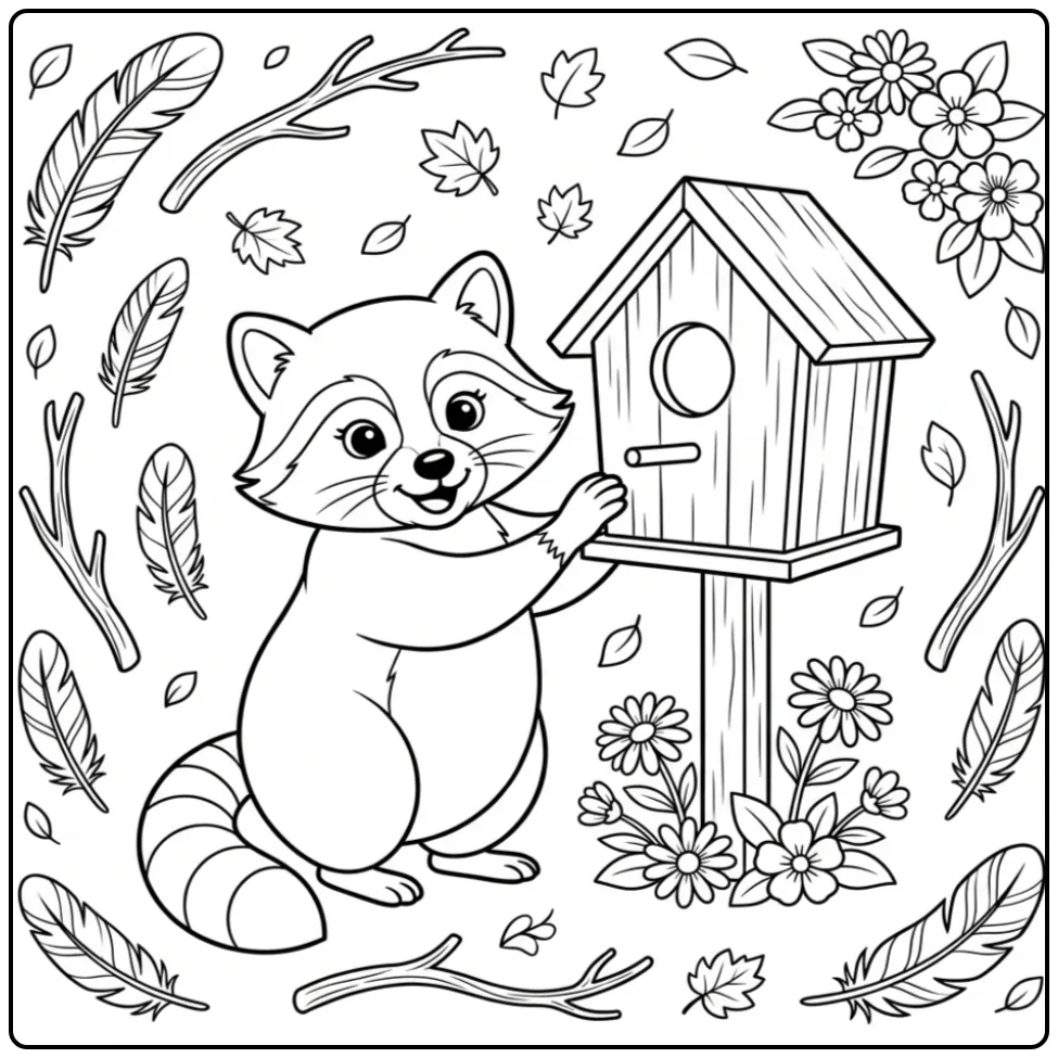 Schattige kleurplaat wasbeer bij een houten vogelhuisje.