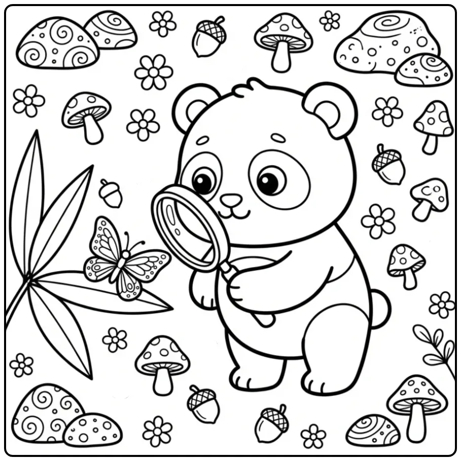 Een schattige baby panda kleurplaat met een vergrootglas.