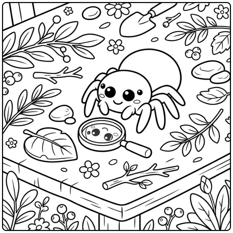 Een schattige spin kleurplaat kijkend in een vergrootglas.