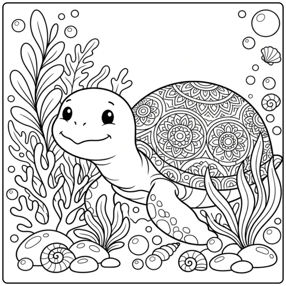 Een leuke kleurplaat mandala schildpad achter zeeplanten.