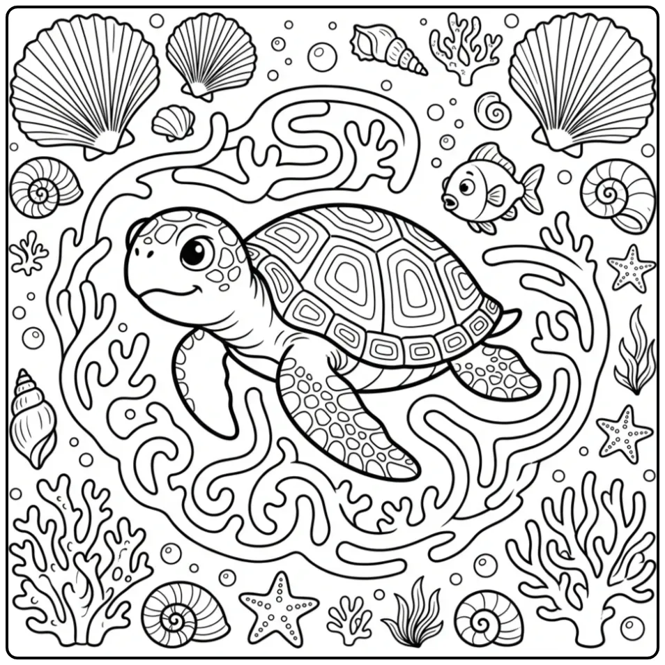 Gedetailleerde kleurplaat schildpad moeilijk met vissen.