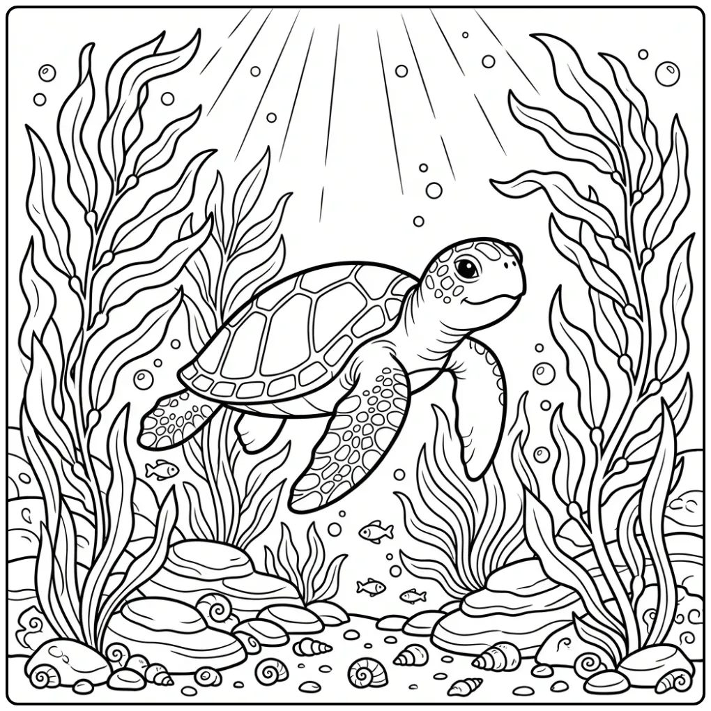 Gedetailleerde kleurplaat schildpad moeilijk in een kelpwoud