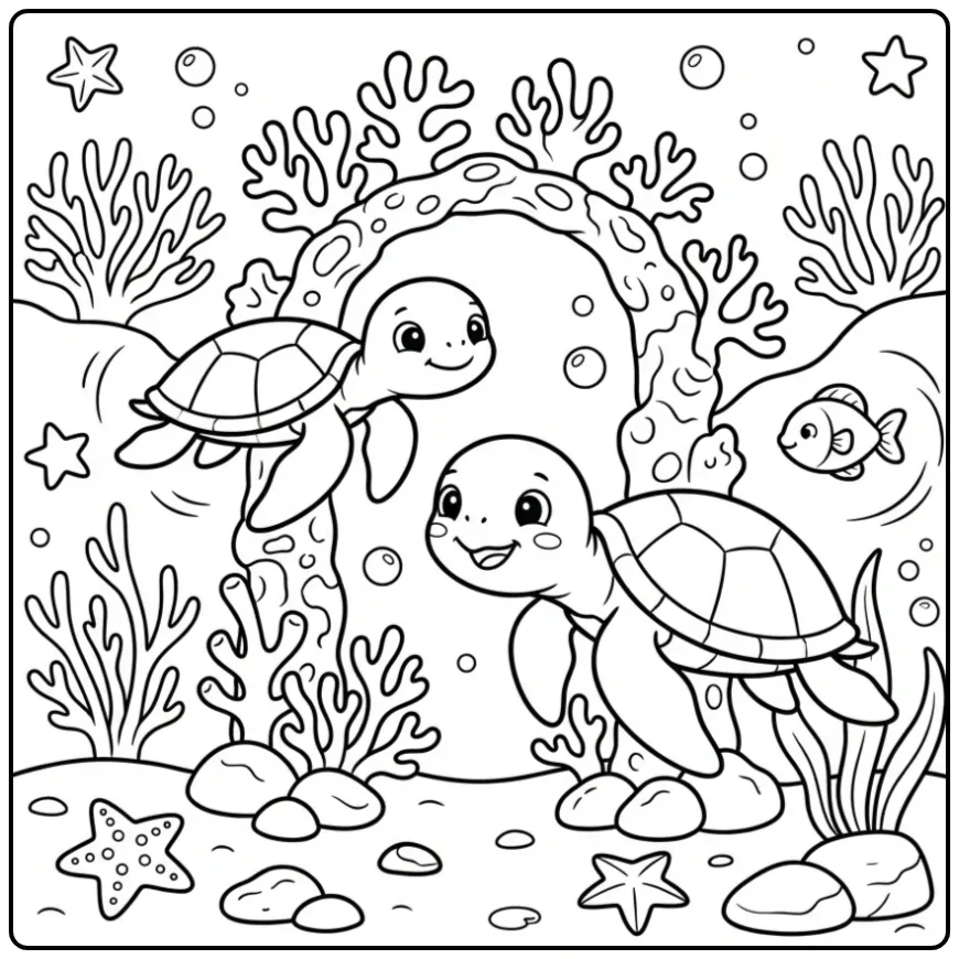 Twee zwemmende dieren op een schildpadden kleurplaat.