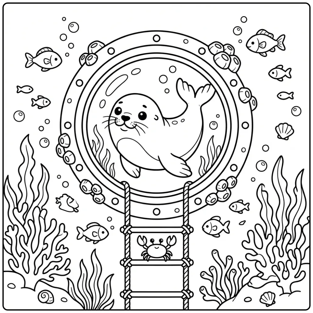 Nieuwsgierige zeehond kleurplaat in een patrijspoort.