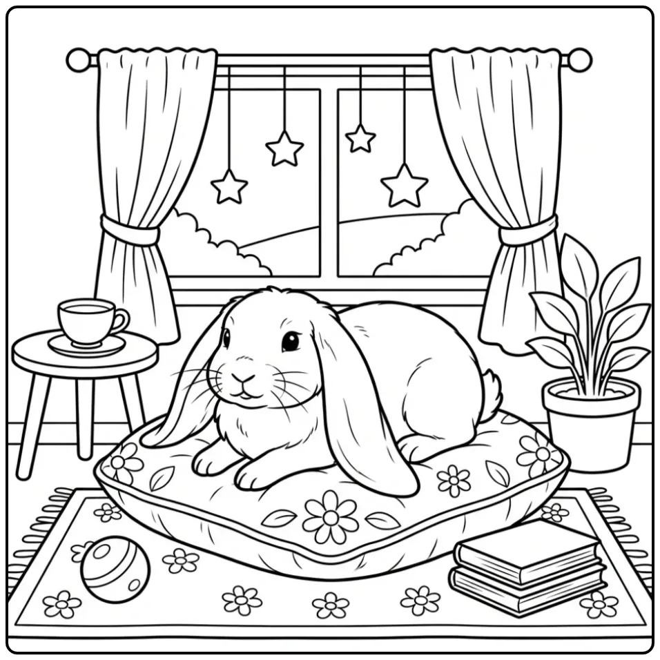 Schattige kleurplaat konijn hangoor met thee.