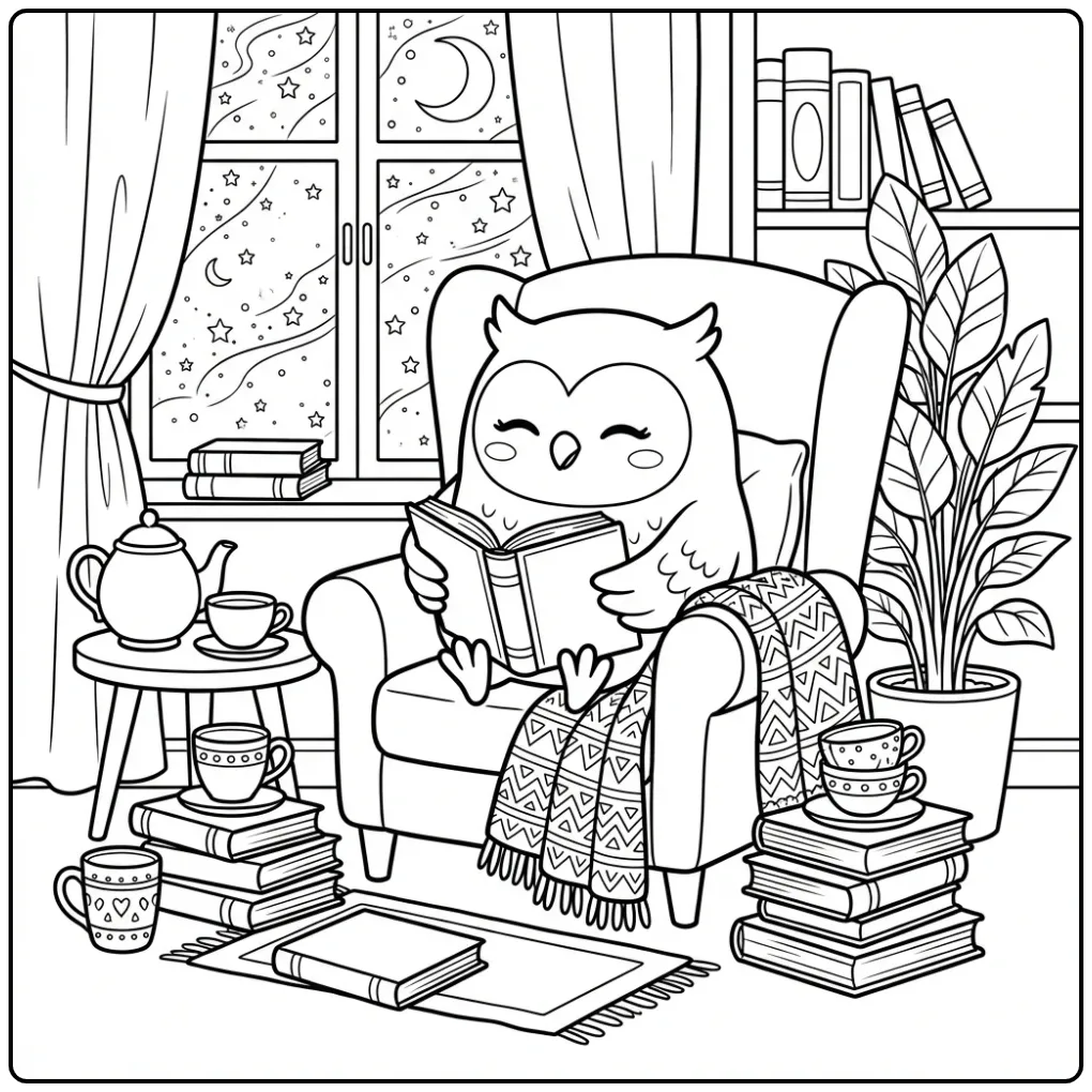 Gezellige kleurplaat uil volwassenen in leesstoel met boeken.