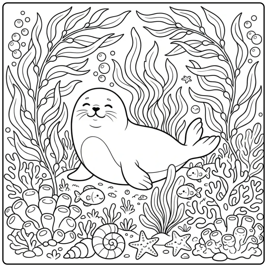 Schattige zeehond kleurplaat tussen kelp en kleine visjes.