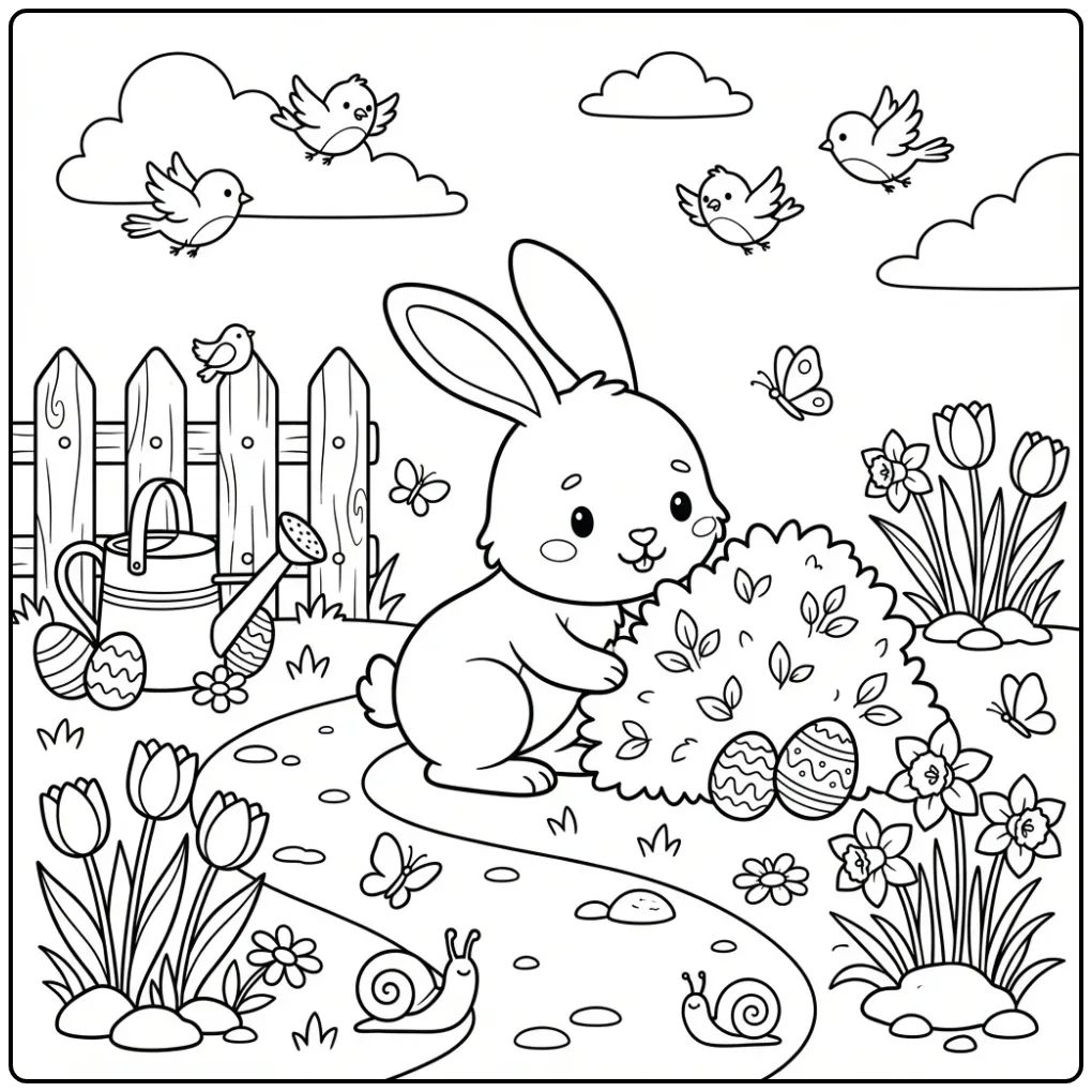 Een gedetailleerde paashaas kleurplaat in een tuin.
