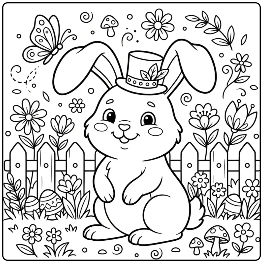 Schattige paashaas oren kleurplaat met hoedje en vlinder.