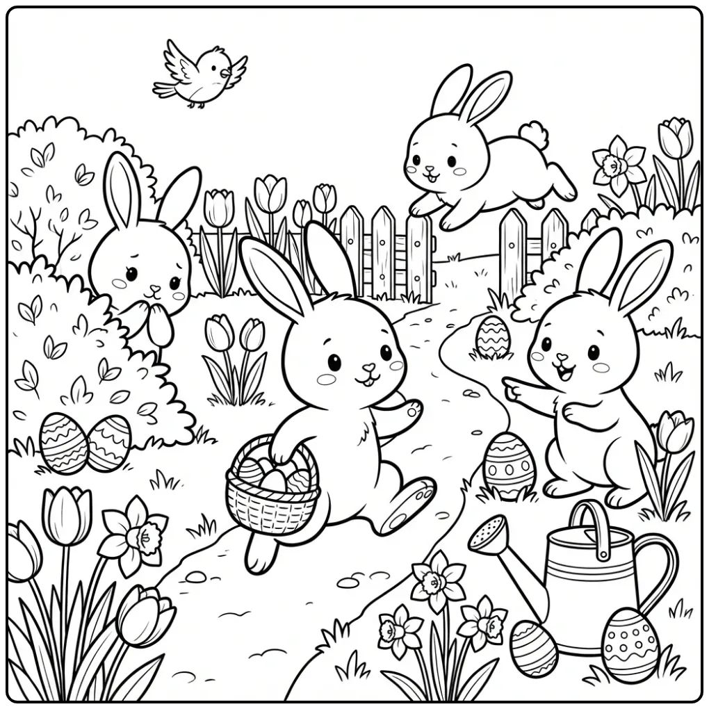 Vrolijke paashaasjes kleurplaat eieren zoeken in de tuin.