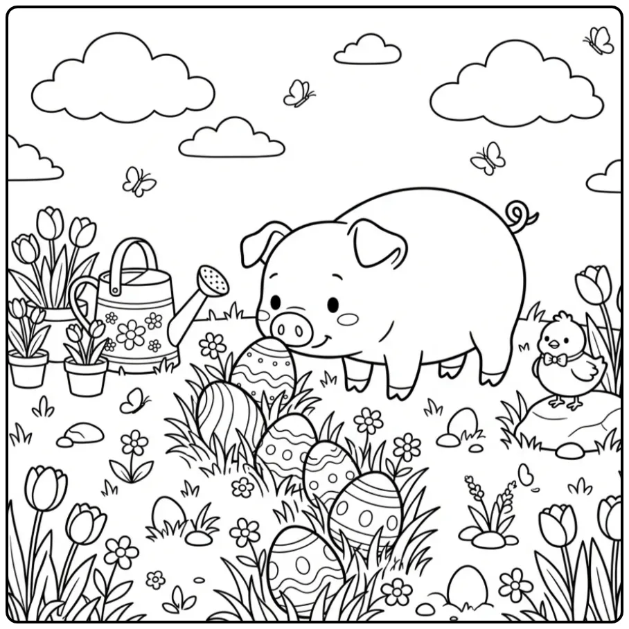 Leuke Paaskleurplaat van een varken zoekend naar eieren.