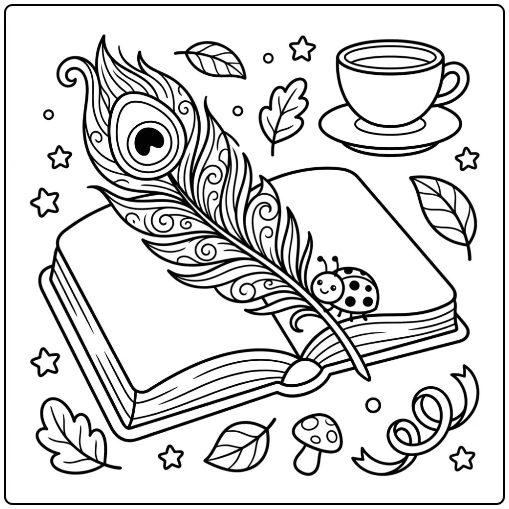 Schattige pauwenveer kleurplaat als boekenlegger met beestje