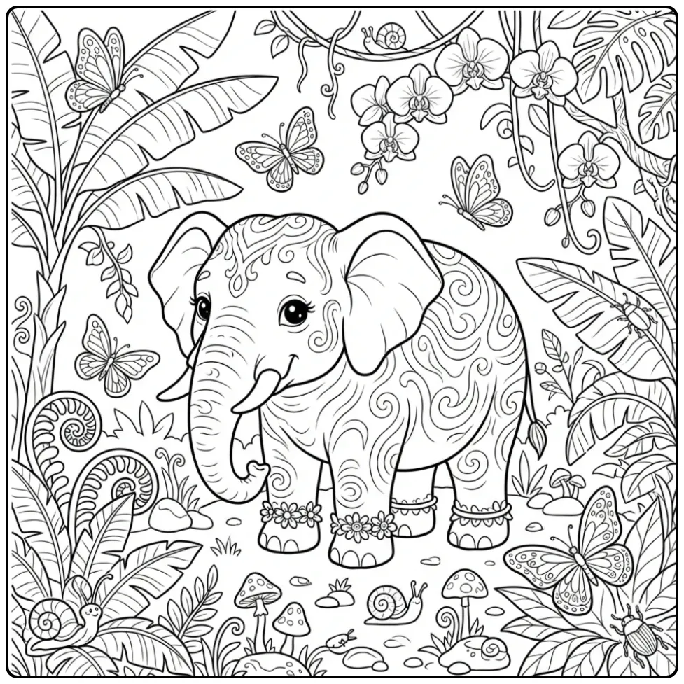 Gedetailleerde kleurplaat olifant moeilijk in de jungle.