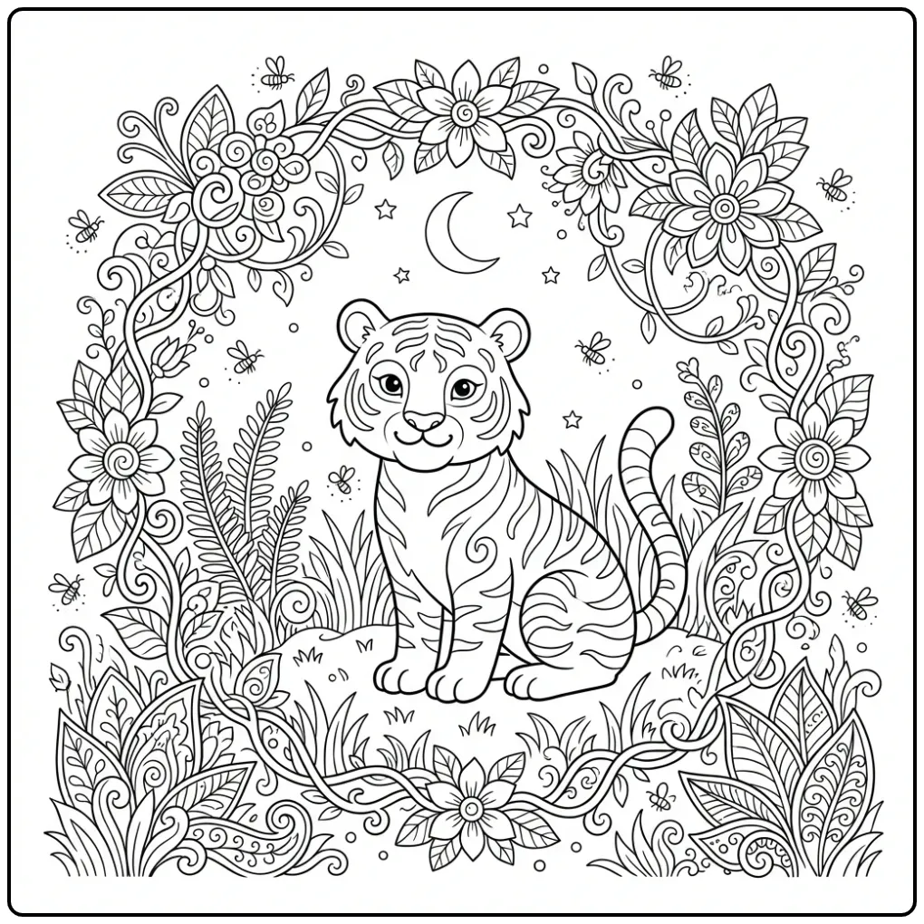 Gedetailleerde kleurplaat tijger moeilijk met jungle thema.