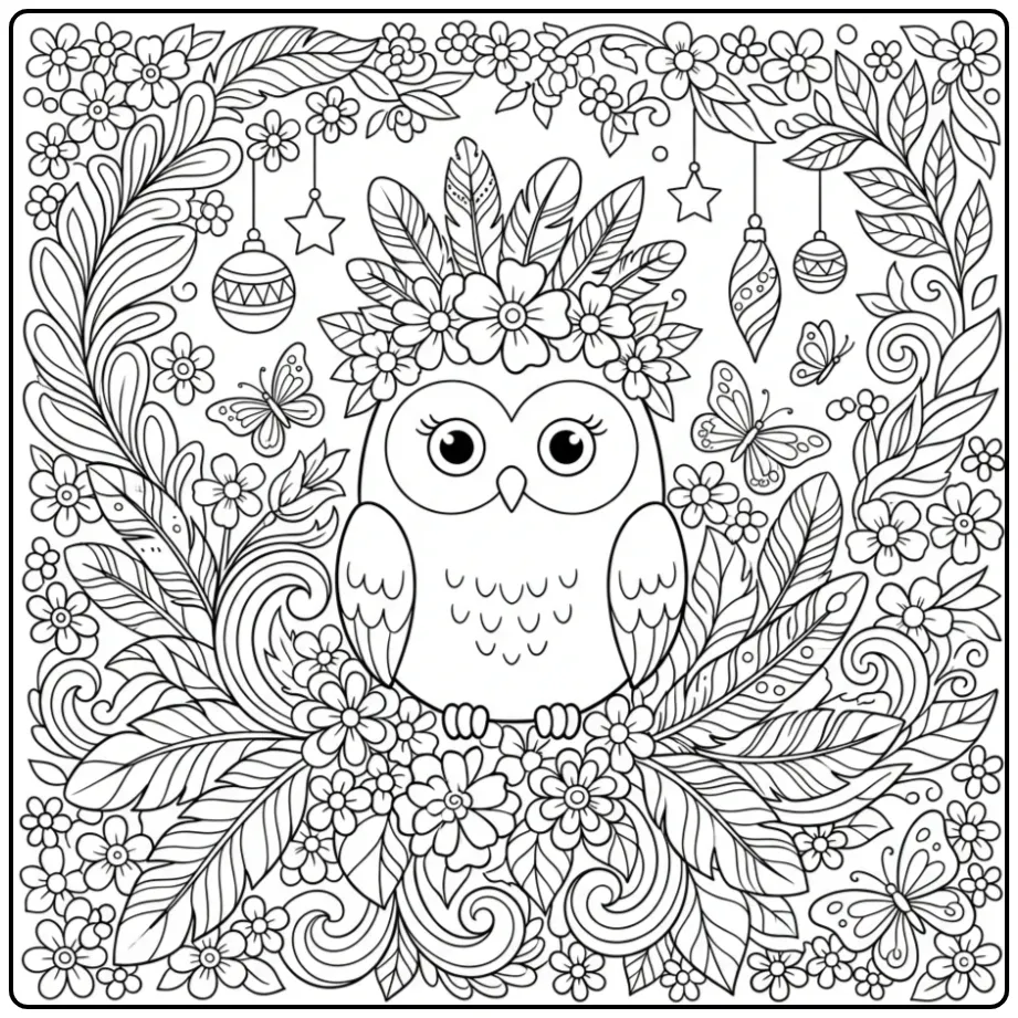 Gedetailleerde kleurplaat uil moeilijk in een bloementuin.