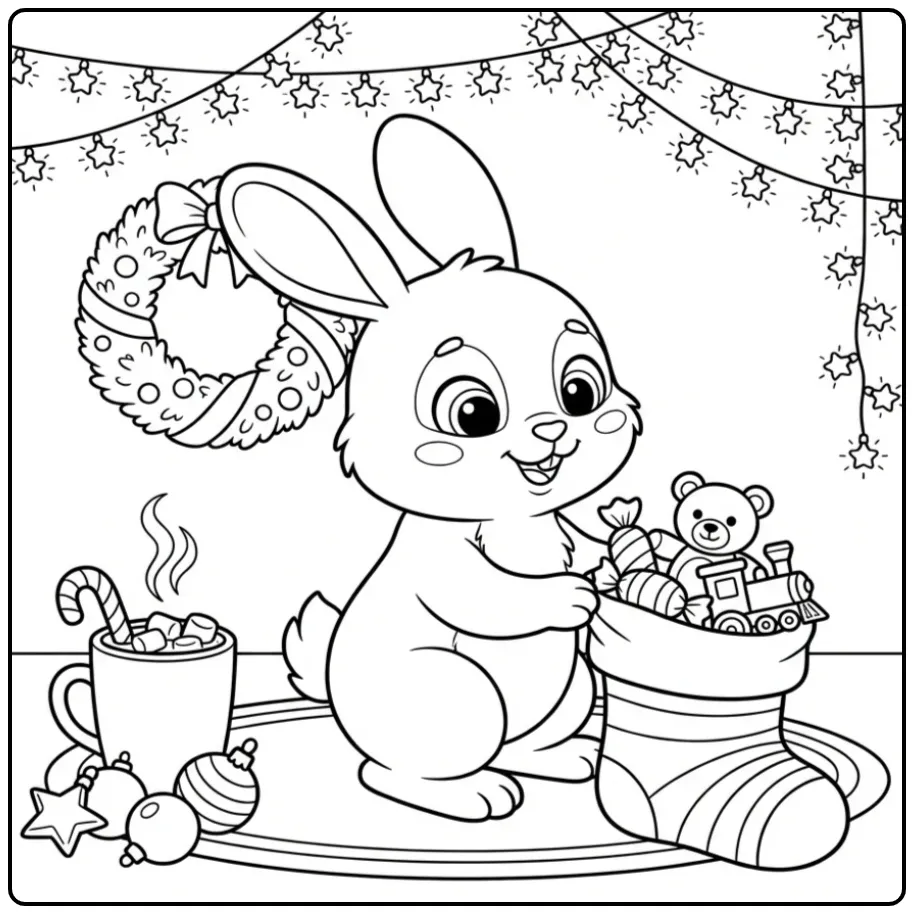 Een leuke kleurplaat konijn kerst met sok en warme cacao.