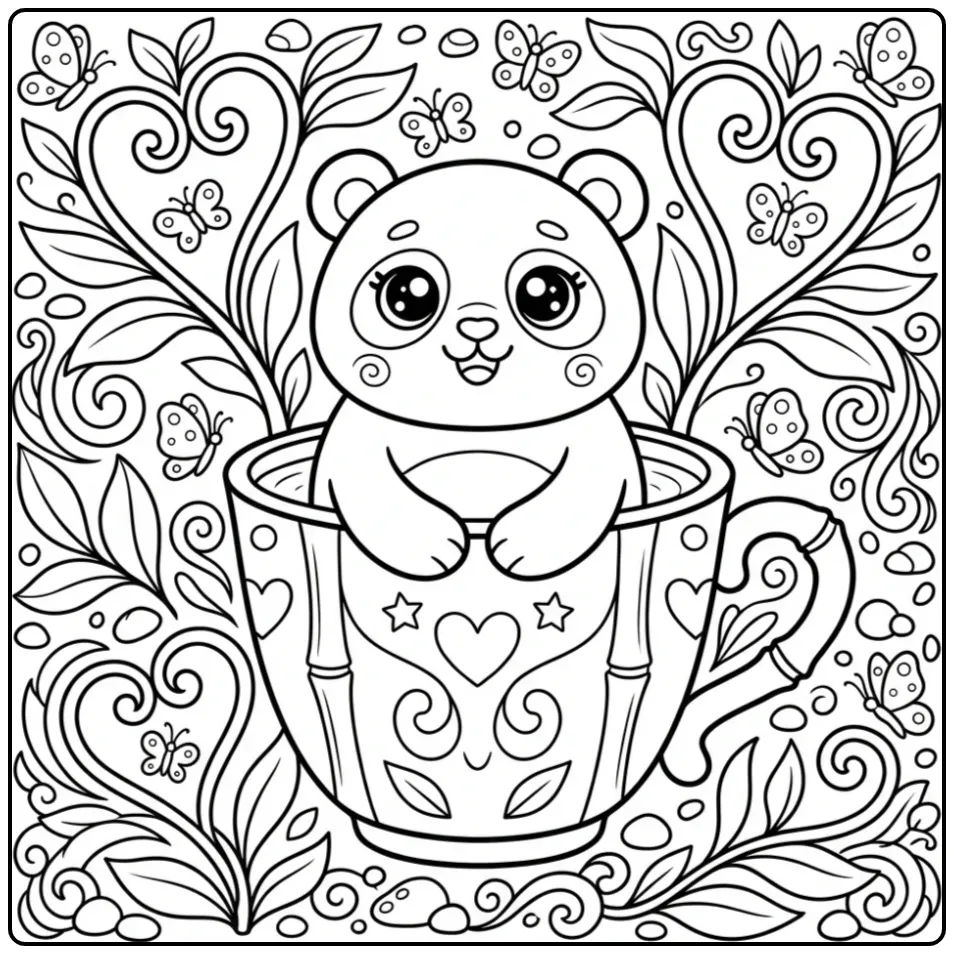 Schattige kawaii panda kleurplaat in een theekopje tuin.