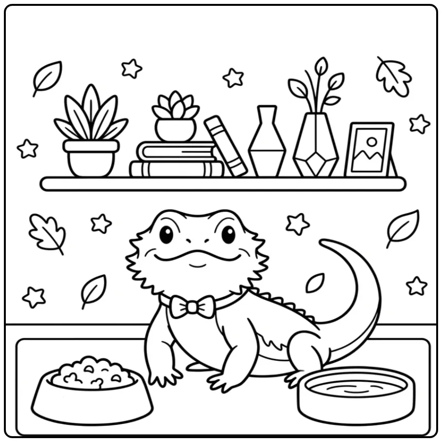 Schattige baardagaam kleurplaat met vlinderdas en voerbak.