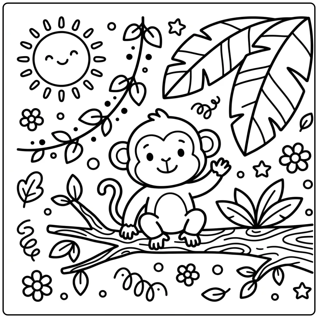 Leuke aap kleurplaat makkelijk zwaaiend vanaf een boomtak.