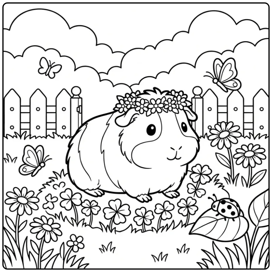 Kleurplaat cavia schattig met bloemenkroon in het gras