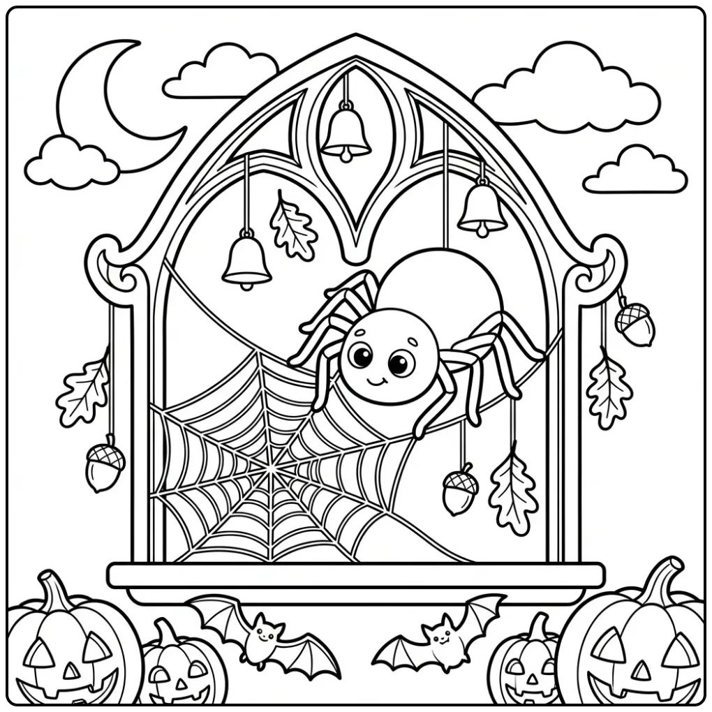 Een leuke kleurplaat halloween spin in een web voor het raam.