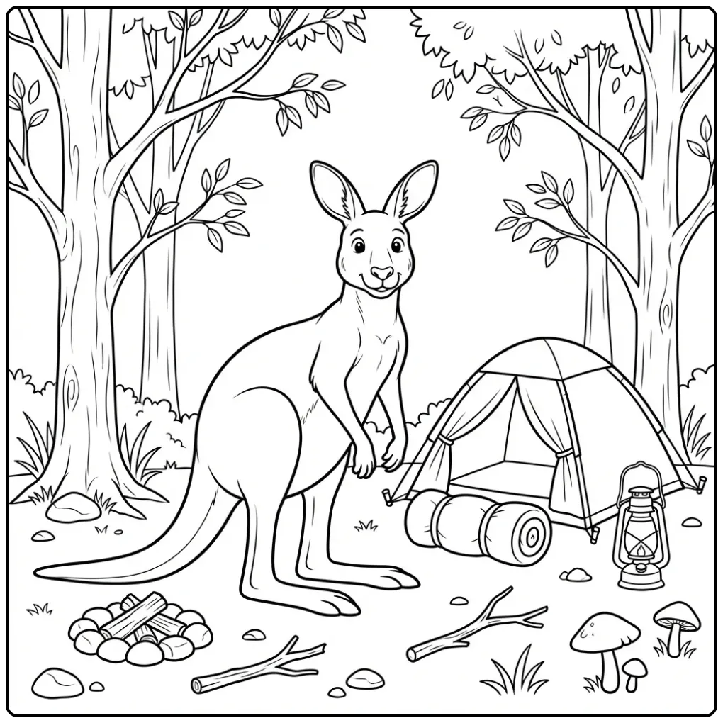 Leuke kleurplaat kangoeroe bij een kampeertent in het bos