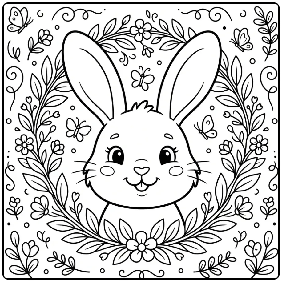 Een schattige kleurplaat konijn hoofd met bloemen en vlinders.