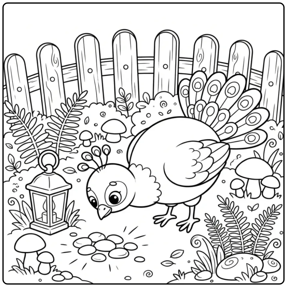 Schattige kleurplaat pauw bij een lantaarn in de tuin.