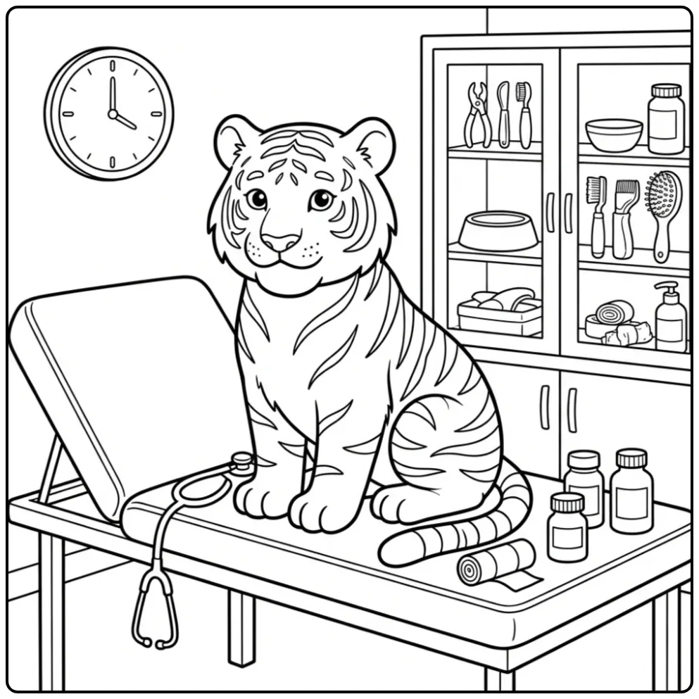 Een leuke kleurplaat tijger bij de dierenarts op tafel.