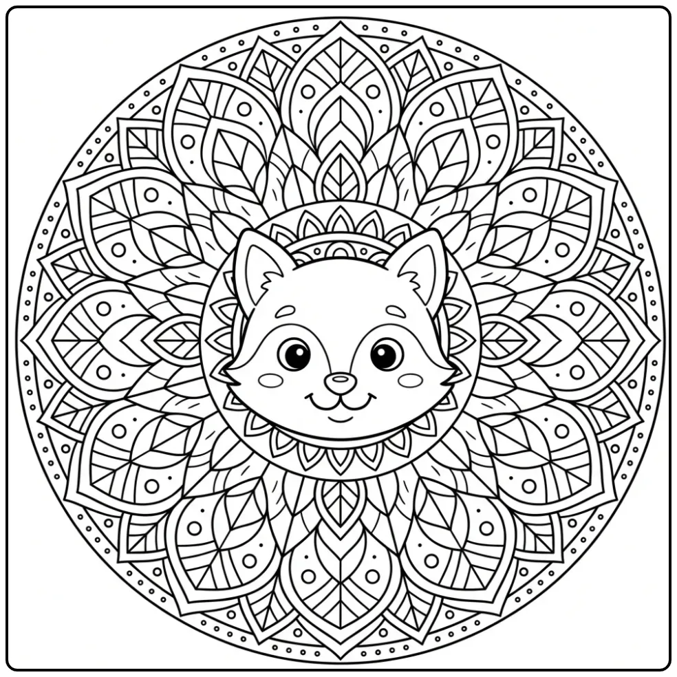Een schattige kleurplaat vos mandala met bloemenpatroon.