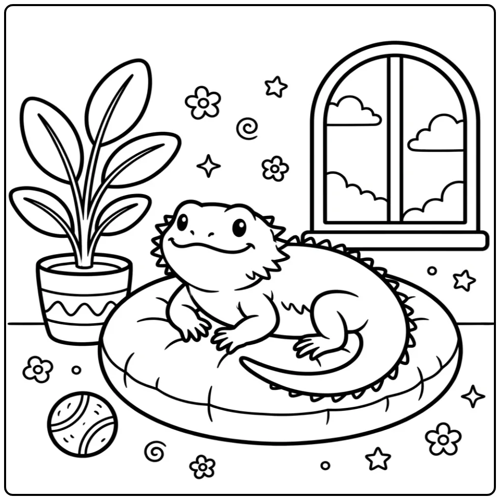 Schattige baardagaam kleurplaat op een kussen met plantje.