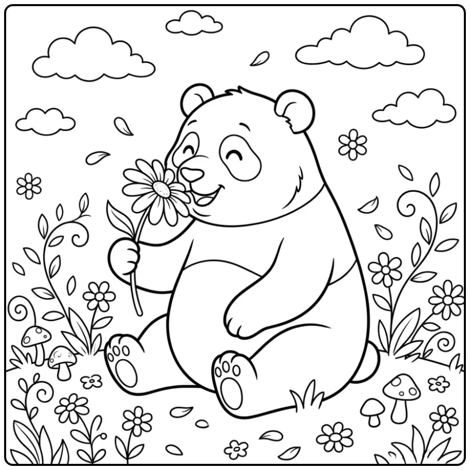 Schattige panda kleurplaat ruikend aan een bloem in de weide.