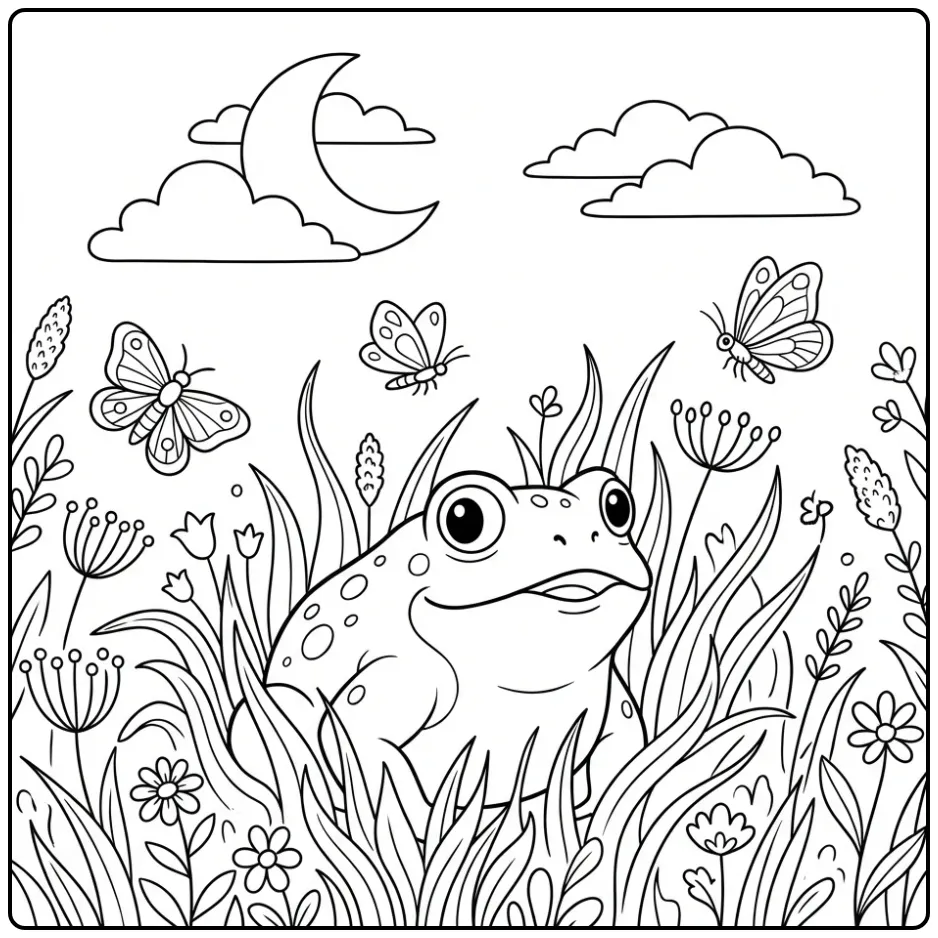 Jachtende pad in het gras als leuke toad kleurplaat.