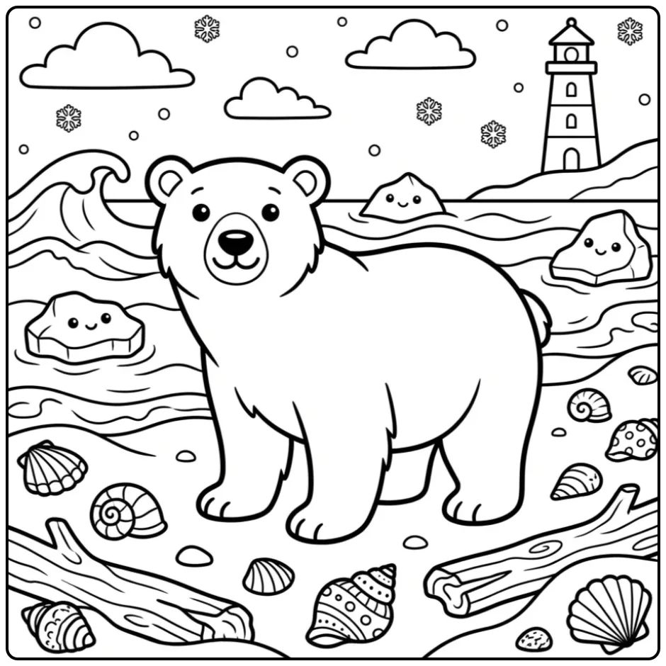 Een leuke ijsbeer kleurplaat bij de zee met een vuurtoren
