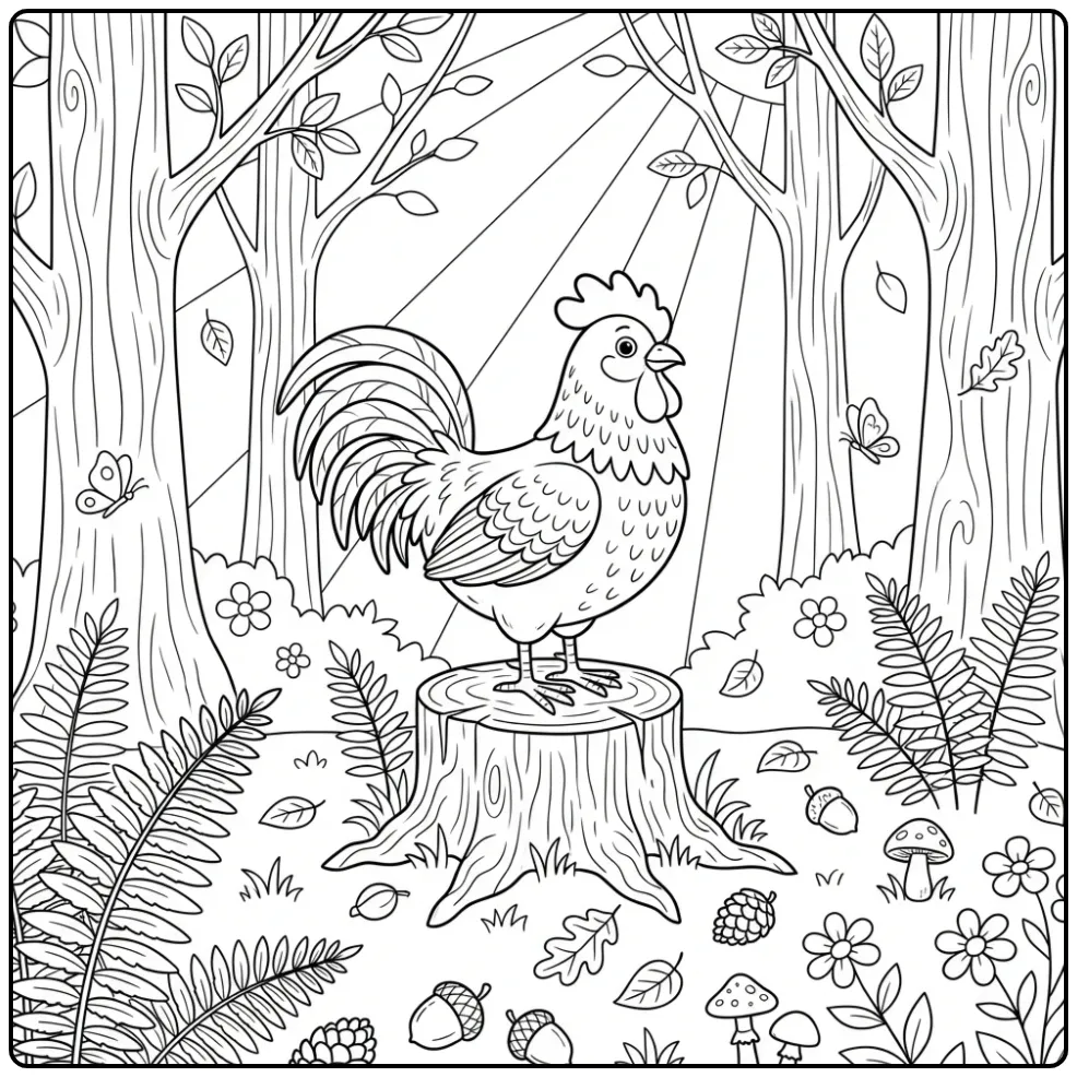 Een leuke kleurplaat kip haan op een boomstronk in het bos.