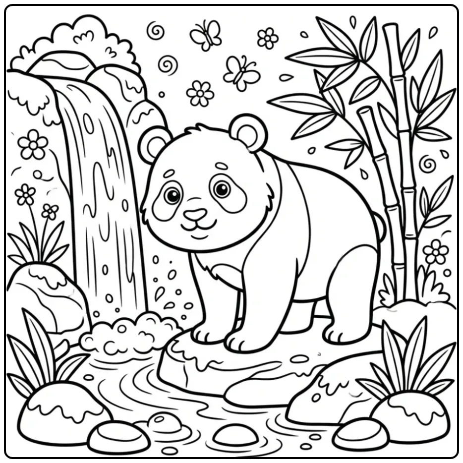 Kleurplaat panda bij een waterval met bamboe en stenen.