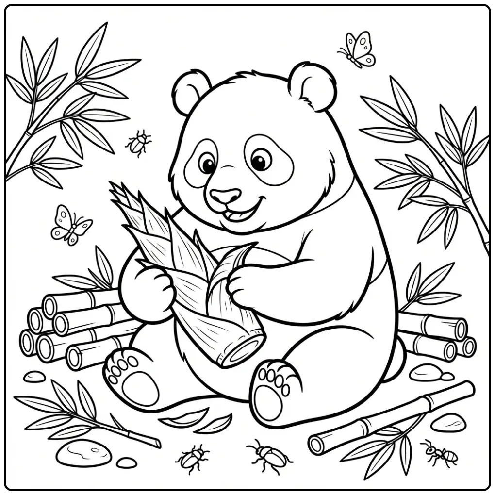 Kleurplaat panda moeilijk etend van verse bamboe.