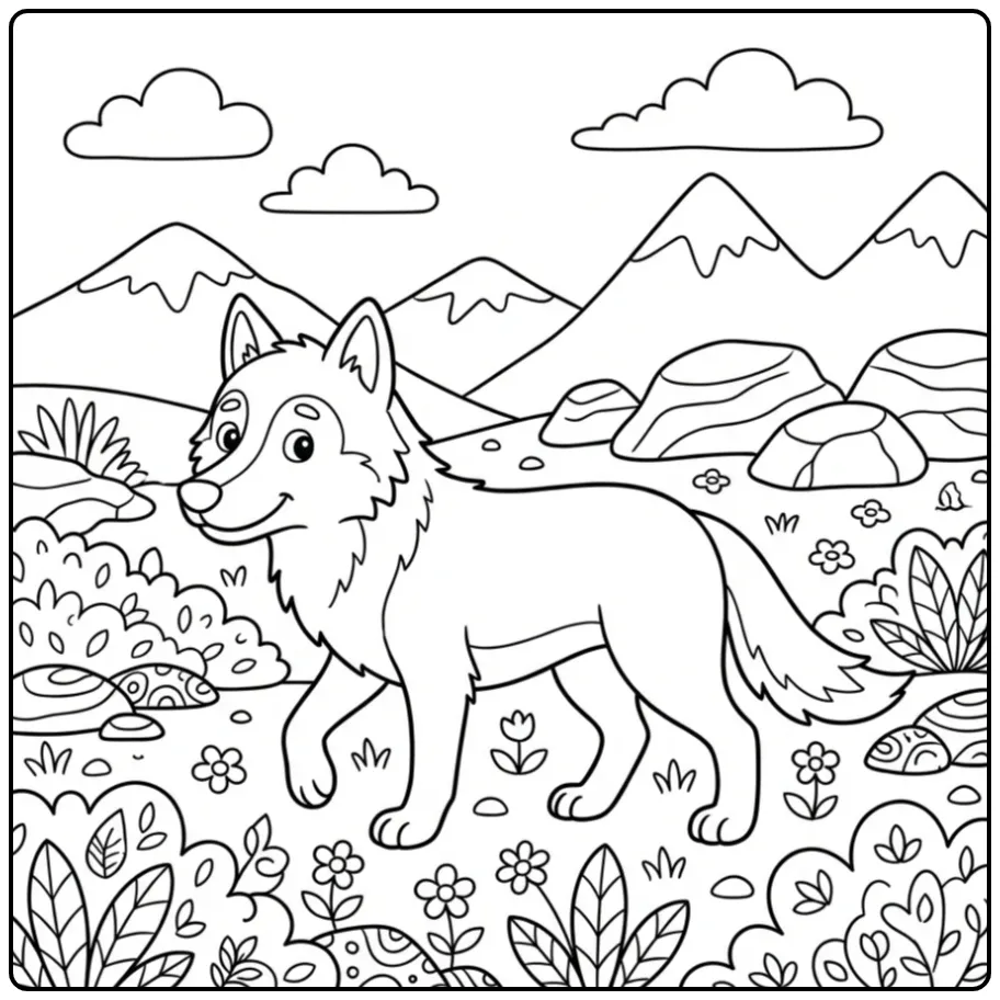 Schattige kleurplaat wolf wandelend over rotsen en struiken.