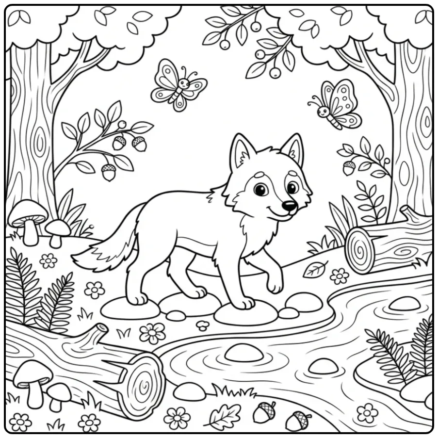 Kleurplaat wolf wandelend langs een beekje in het bos.