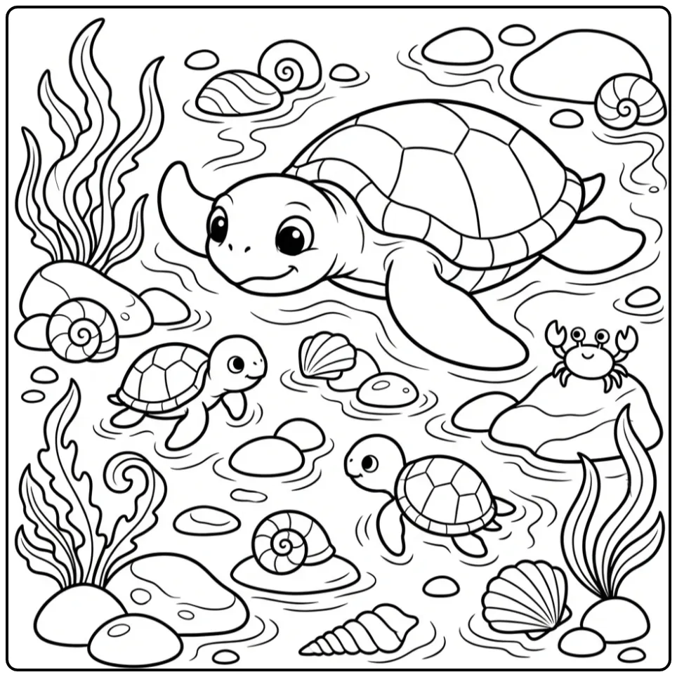 Schildpadden kleurplaat van familie in een getijdenpoel.