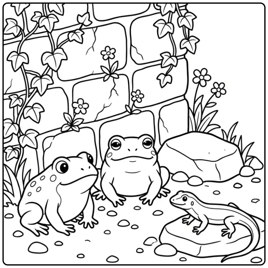 Toad kleurplaat met twee padden en een hagedis bij een muur.